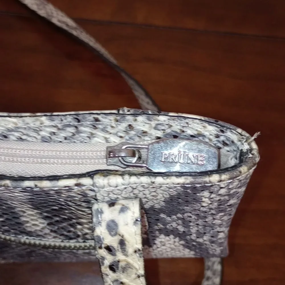 Prune Black & White Snake Skin Pattern Leather Satchel Tote Purse